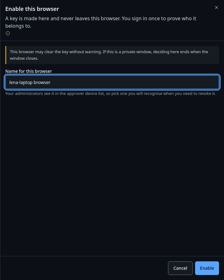 The Enable this browser sheet with the name this browser will carry