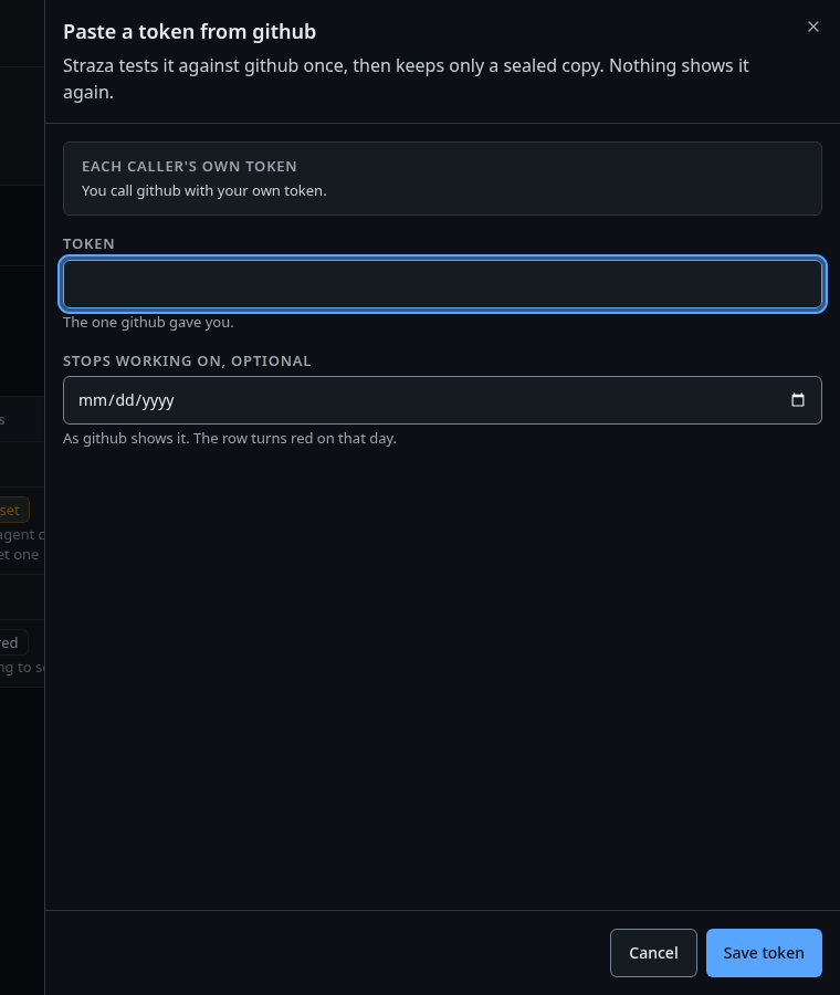 The Paste a token sheet for github, with the token box and the optional expiry