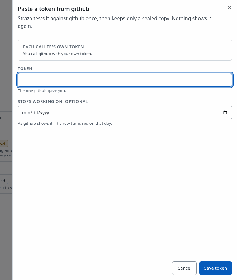 The Paste a token sheet for github, with the token box and the optional expiry