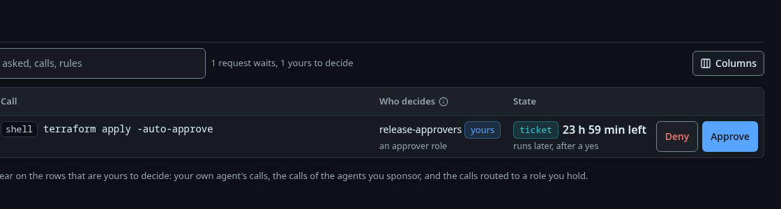 lena's self-service Requests after enabling the browser, with dana's terraform apply ticket to decide