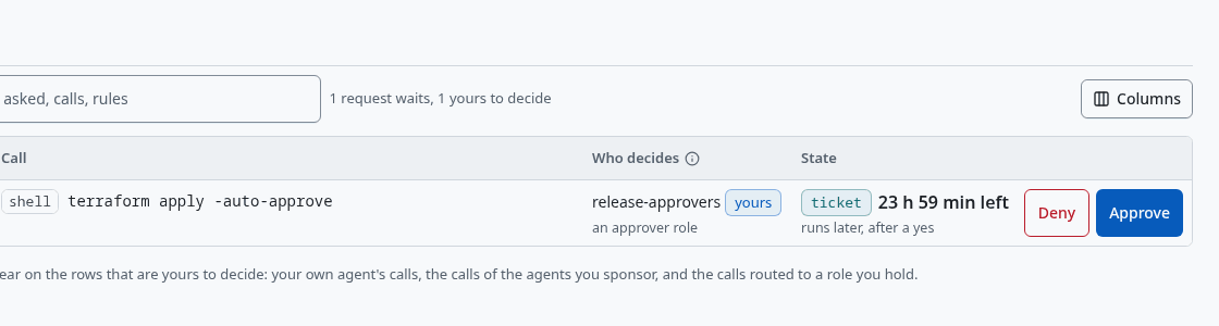 lena's self-service Requests after enabling the browser, with dana's terraform apply ticket to decide