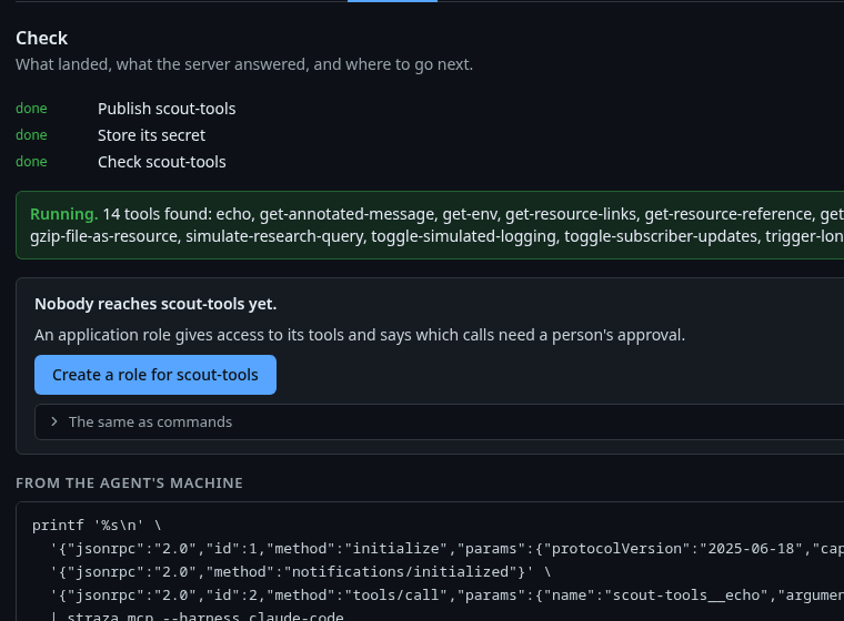 Add MCP server, step Check, with the connection result and Create a role for scout-tools