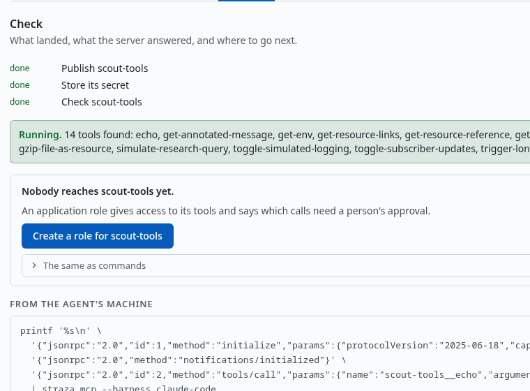 Add MCP server, step Check, with the connection result and Create a role for scout-tools