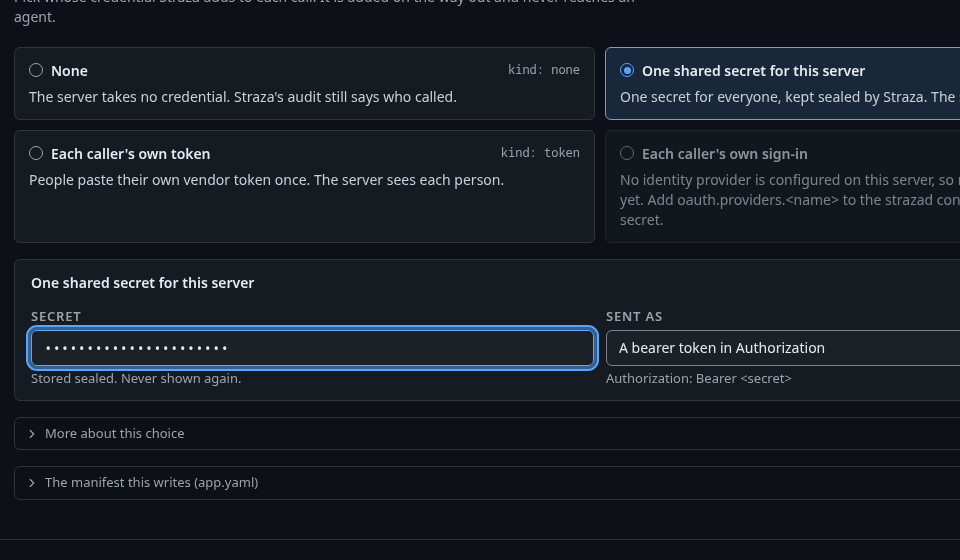 Add MCP server, step Credential, with One shared secret for this server and the secret box