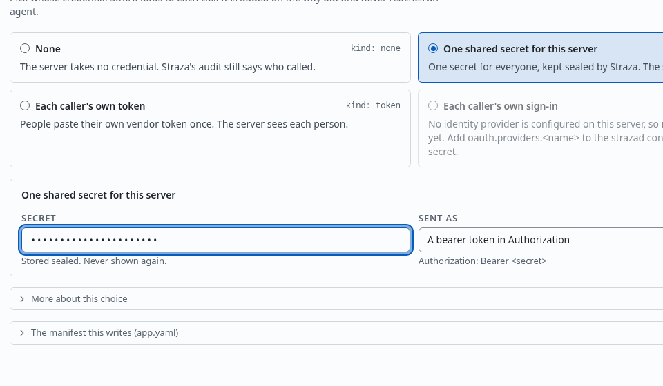 Add MCP server, step Credential, with One shared secret for this server and the secret box