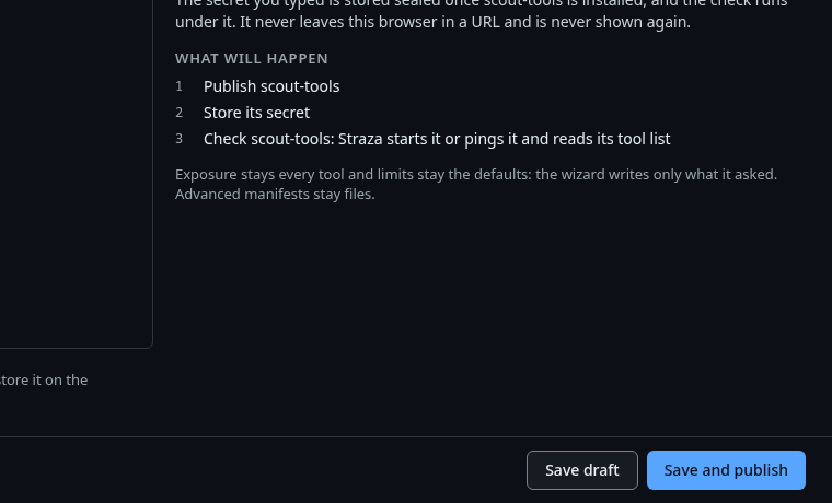 Add MCP server, step Review, with the manifest it writes and Save and publish
