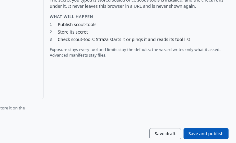 Add MCP server, step Review, with the manifest it writes and Save and publish
