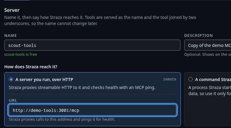 Add MCP server, step Server, with the name scout-tools and the URL of a server you run over HTTP