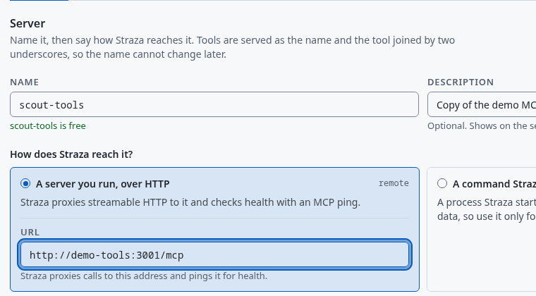Add MCP server, step Server, with the name scout-tools and the URL of a server you run over HTTP