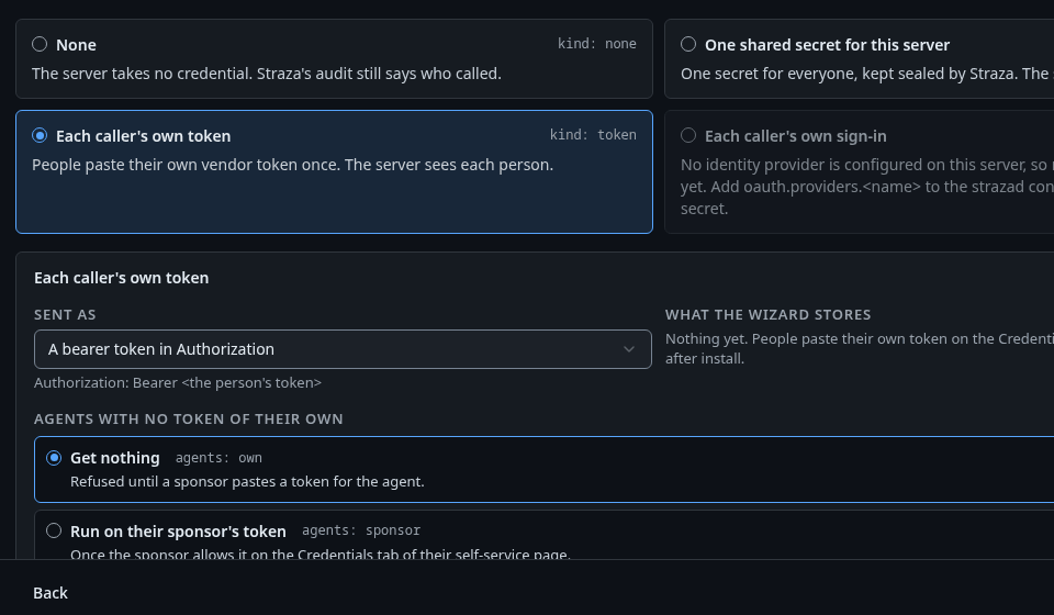 Add MCP server, step Credential, with Each caller's own token and what an agent with no token of its own runs on