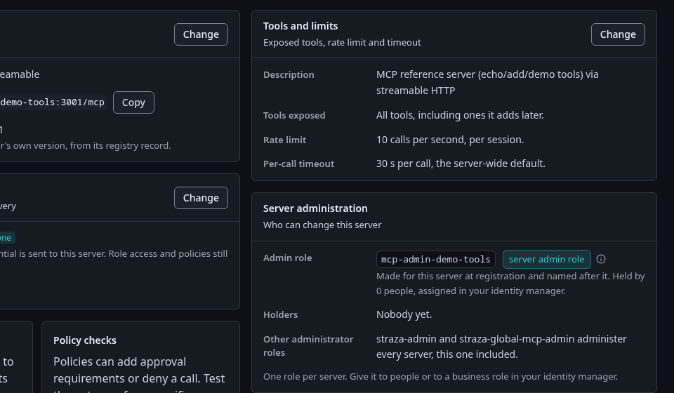The demo-tools server page with the Server administration card, its admin role and holders