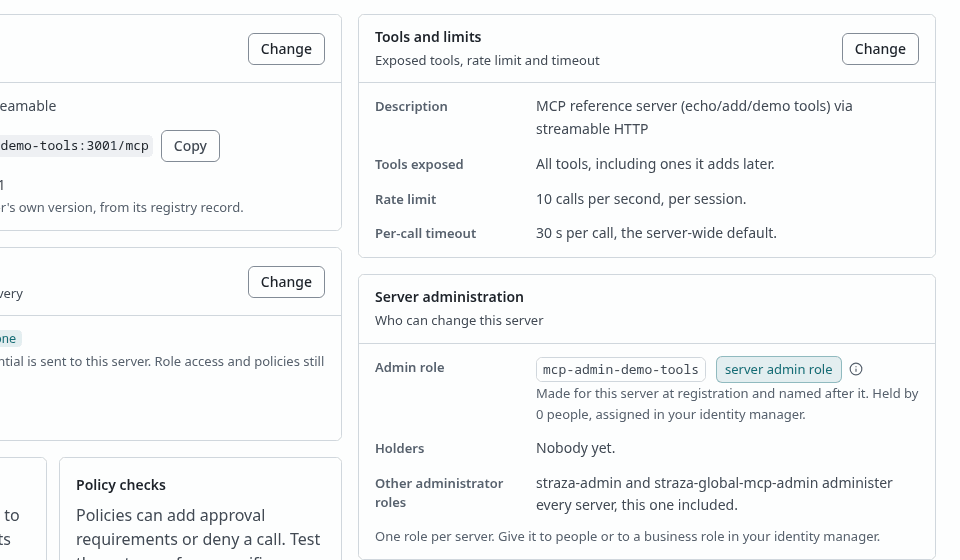The demo-tools server page with the Server administration card, its admin role and holders
