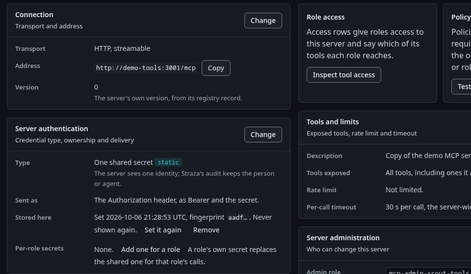 The scout-tools server page, Overview tab, with the Server authentication card
