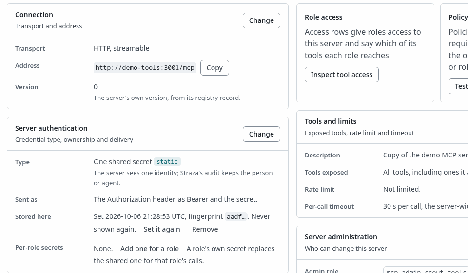 The scout-tools server page, Overview tab, with the Server authentication card