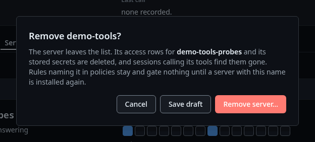 The Remove server confirmation on the demo-tools page