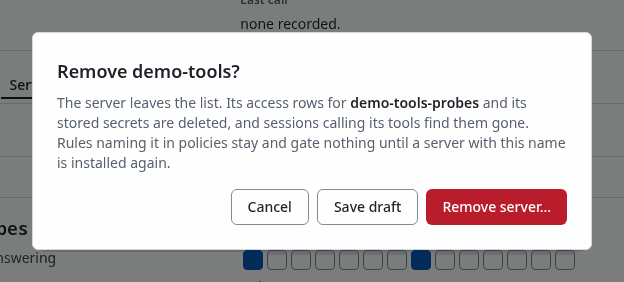 The Remove server confirmation on the demo-tools page