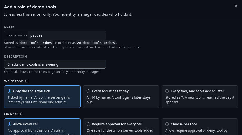 The Add a role of demo-tools sheet with the name probes, two tools ticked and the stored name