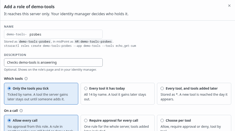 The Add a role of demo-tools sheet with the name probes, two tools ticked and the stored name