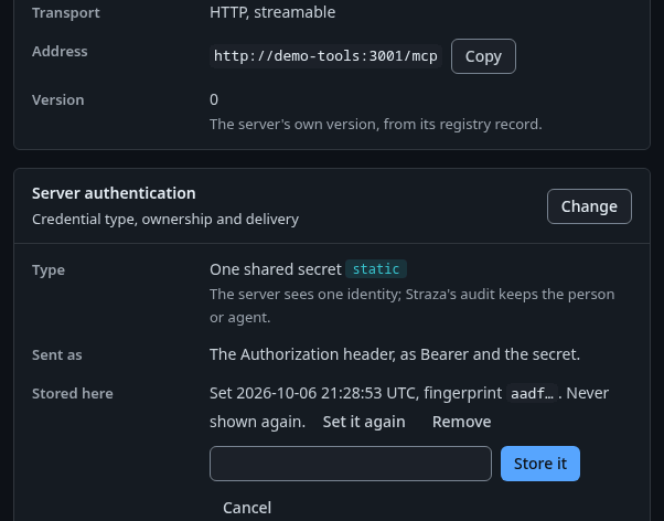 The Server authentication card with the box that sets the shared secret again