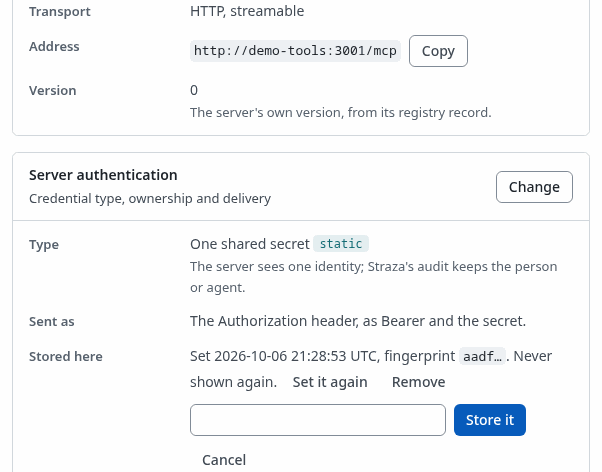 The Server authentication card with the box that sets the shared secret again