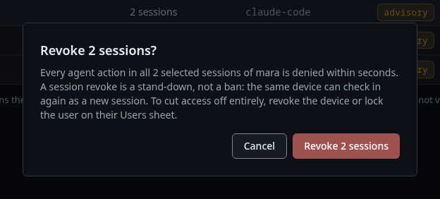 The confirmation that revokes mara's sessions, with what a revoke does