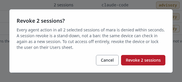 The confirmation that revokes mara's sessions, with what a revoke does
