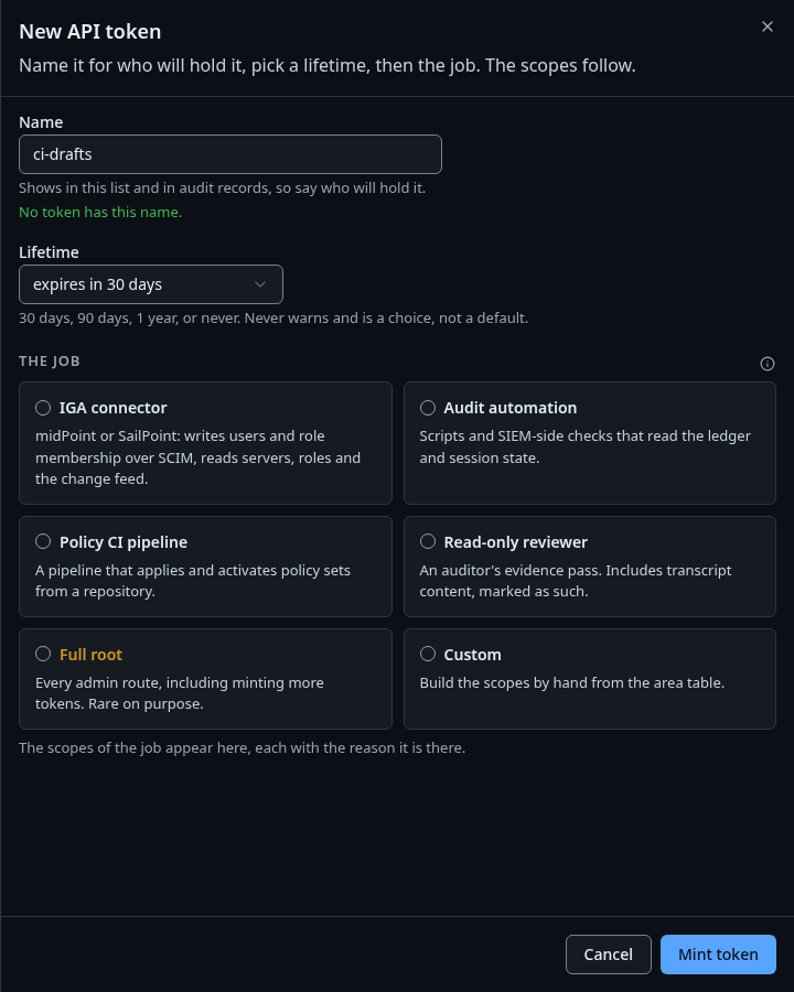 The New API token sheet with a name, a lifetime of 30 days and the job cards