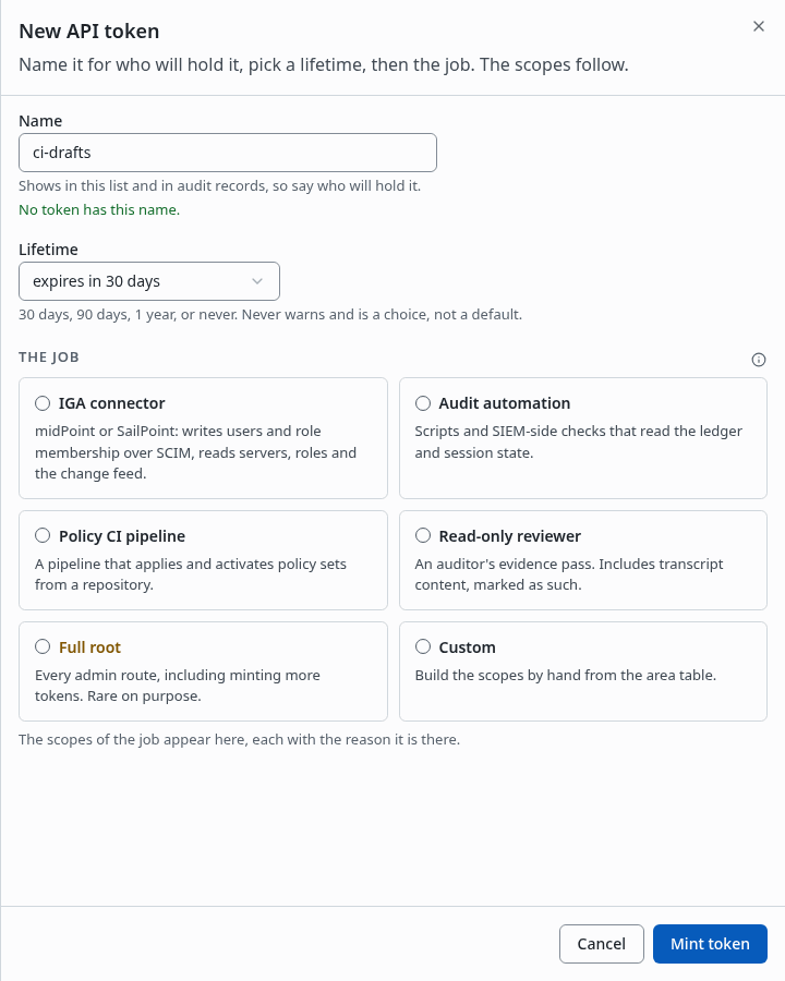 The New API token sheet with a name, a lifetime of 30 days and the job cards