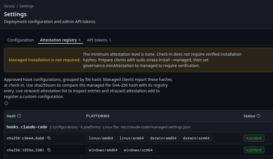 Settings, Attestation registry, with the expected hashes of the managed hook files