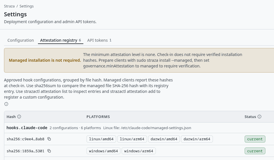 Settings, Attestation registry, with the expected hashes of the managed hook files