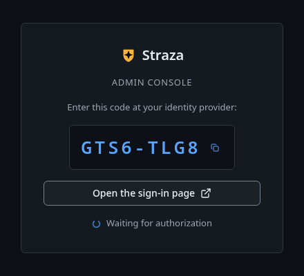 The console's sign-in card with a one-time code and the button Open the sign-in page