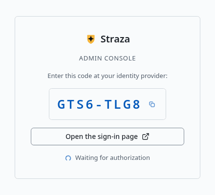 The console's sign-in card with a one-time code and the button Open the sign-in page