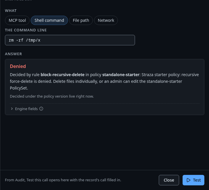 Test a call answering Denied, decided by rule block-recursive-delete