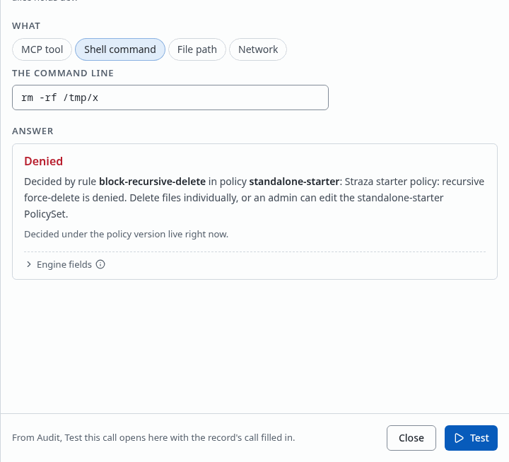 Test a call answering Denied, decided by rule block-recursive-delete