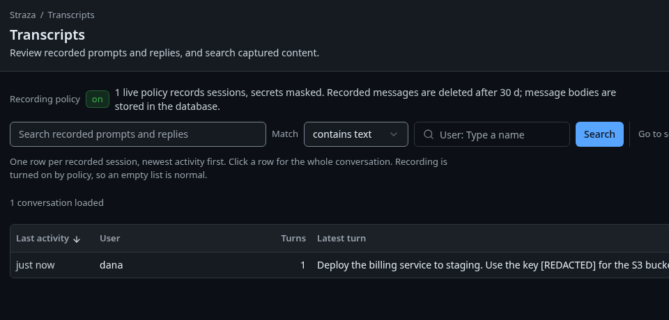 The Transcripts page with dana's recorded session