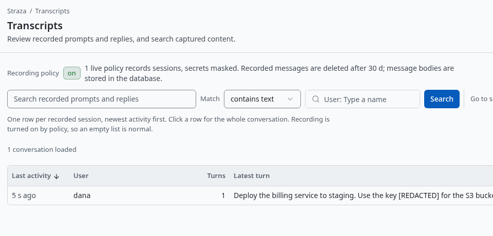 The Transcripts page with dana's recorded session