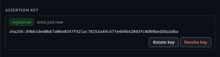 build-bot's sheet with its assertion key registered, its fingerprint and Rotate key