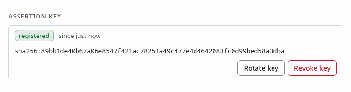 build-bot's sheet with its assertion key registered, its fingerprint and Rotate key
