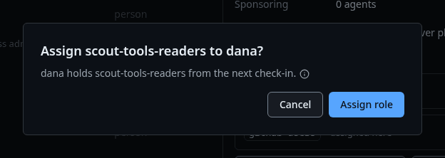 The confirmation that assigns scout-tools-readers to dana, from her sheet