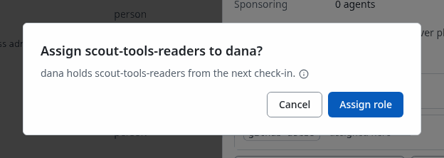 The confirmation that assigns scout-tools-readers to dana, from her sheet
