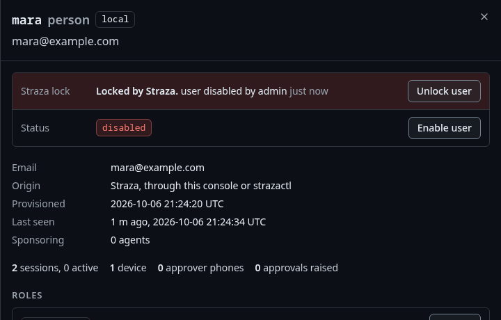 mara's sheet with the status disabled and the button Enable user