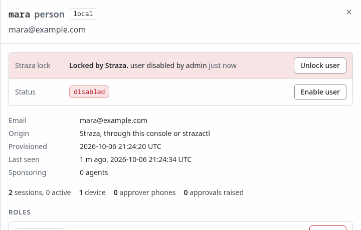 mara's sheet with the status disabled and the button Enable user