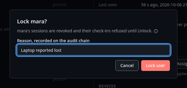 The Lock mara confirmation, with the reason that goes on the audit chain
