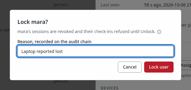 The Lock mara confirmation, with the reason that goes on the audit chain