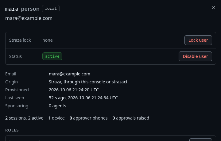 mara's sheet in the console, with Lock user and Disable user at the top