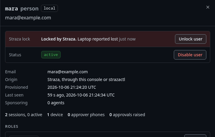 mara's sheet after the lock, with the reason and the button Unlock user
