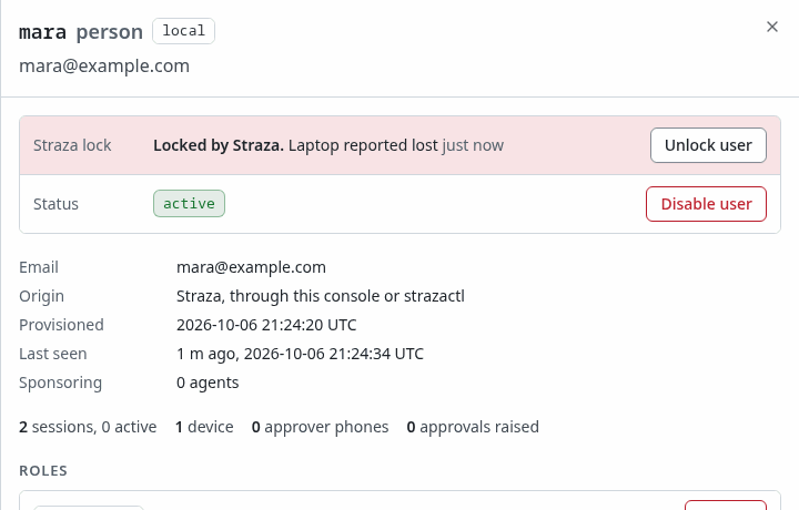 mara's sheet after the lock, with the reason and the button Unlock user